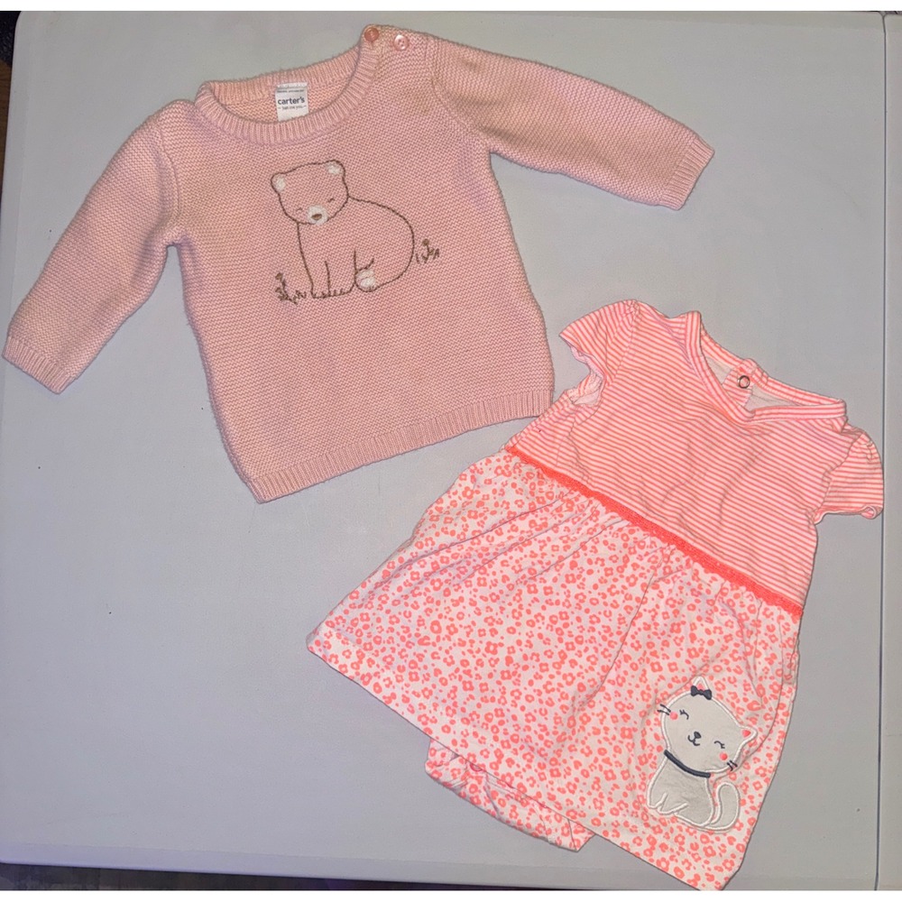 Carter's Sweater and Bodysuit Dress Set Baby Girls 3M Pink Coral Bear Kitty
